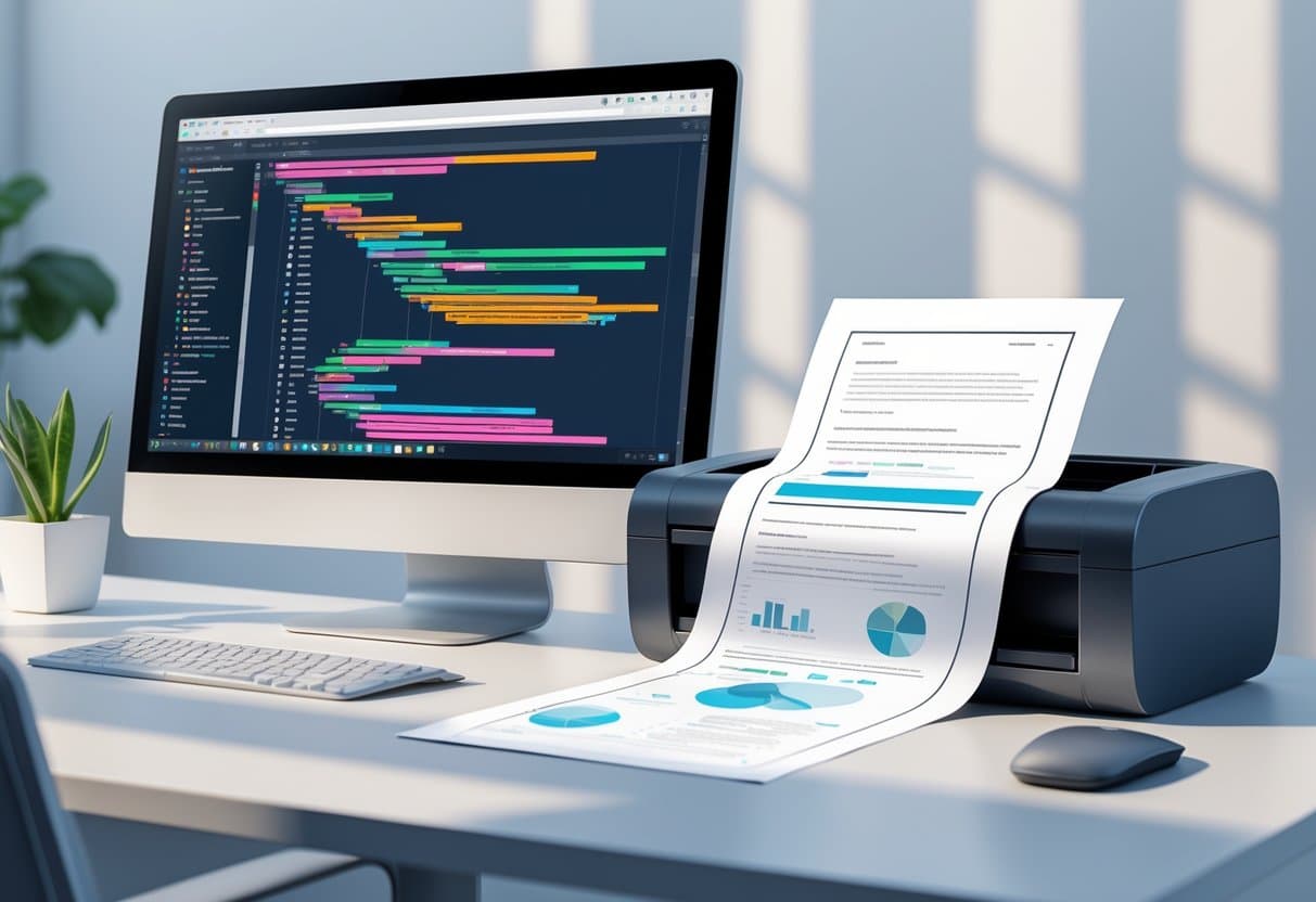 A computer screen showing a webpage next to a device producing a printed document, symbolizing converting HTML to PDF.
