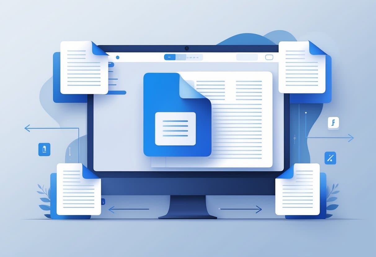 A computer screen showing a PDF document with several pages separating and moving outward, symbolizing the extraction of pages from the file.