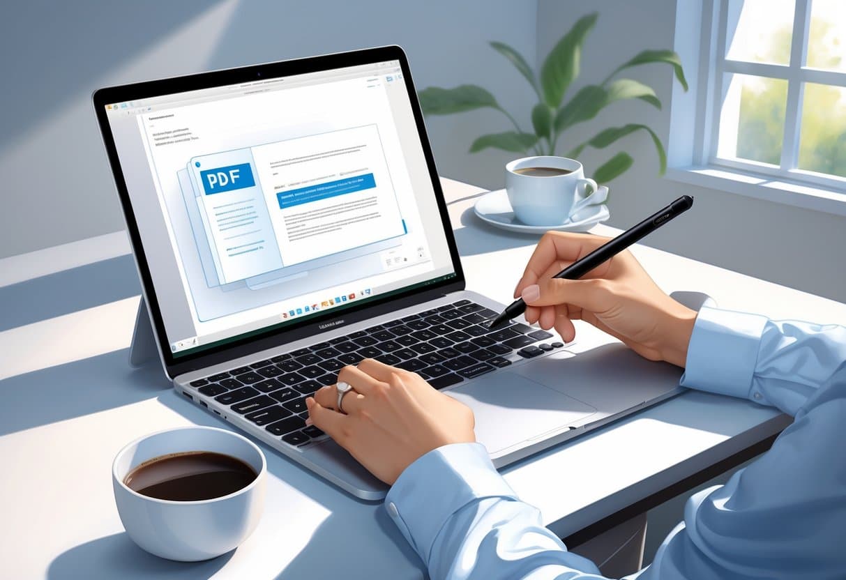 A MacBook on a desk with a hand holding a stylus above the trackpad, showing the process of signing a PDF document digitally.