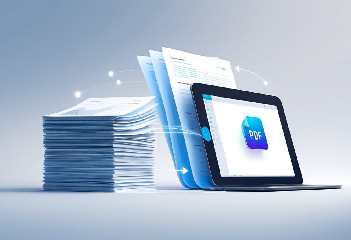 A stack of paper pages transforming into a single PDF document displayed on a digital device.