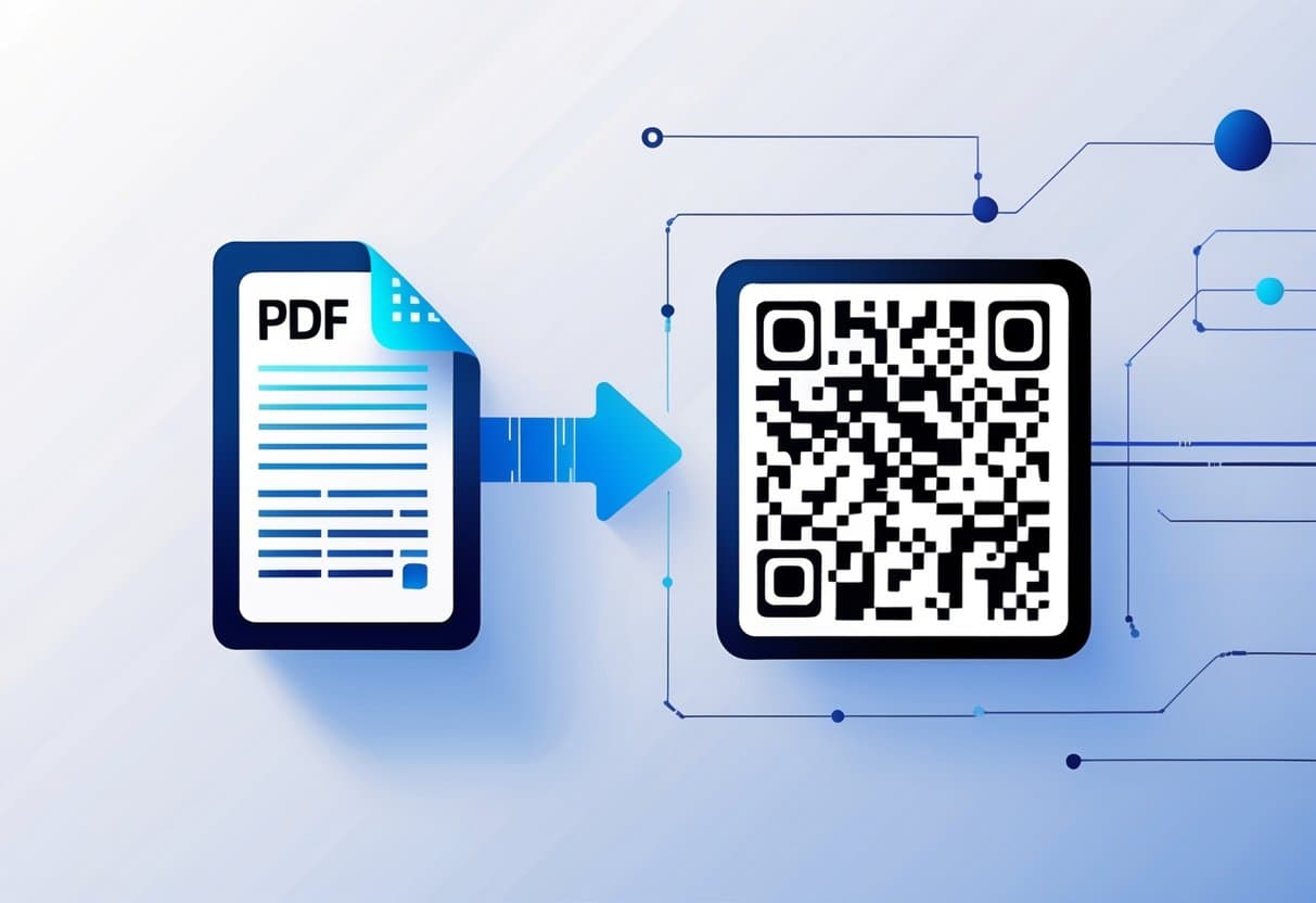 A digital document icon transforming into a QR code connected by a dotted arrow with a clean background.