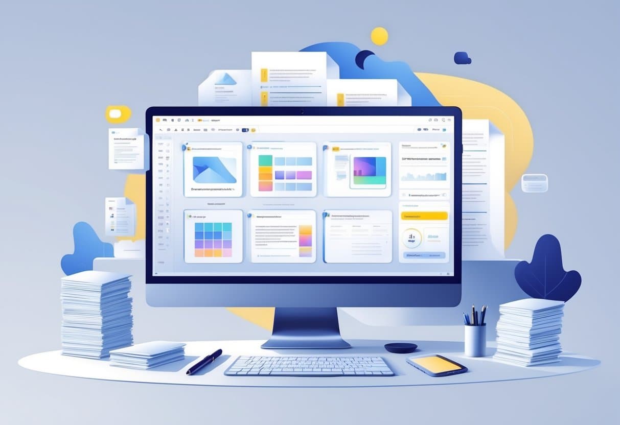 A modern digital workspace with a computer displaying PDF documents and editing tools, surrounded by office items like paper stacks and a tablet.