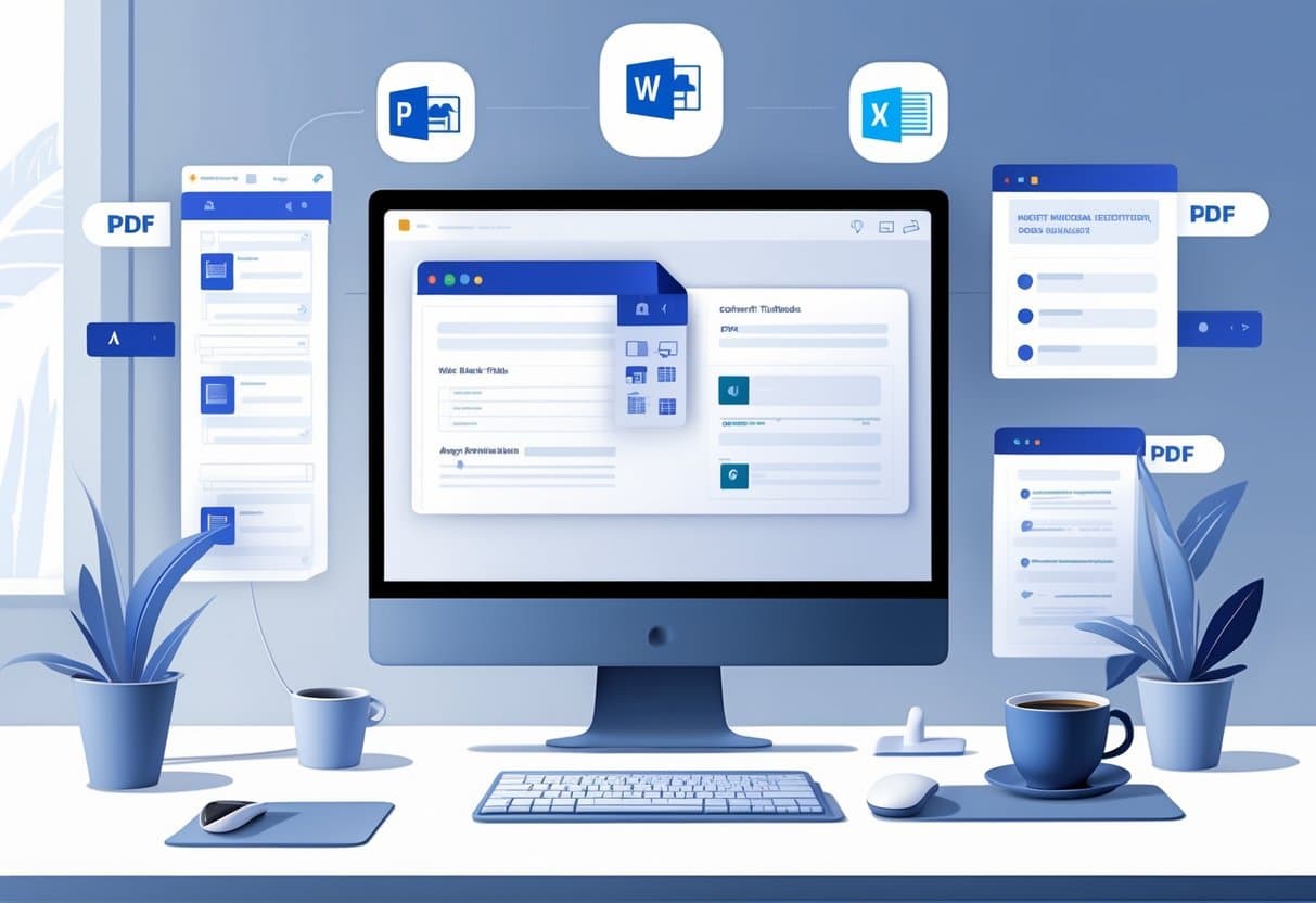 A workspace with a computer monitor showing a Word document containing form fields and icons representing PDF creation tools.