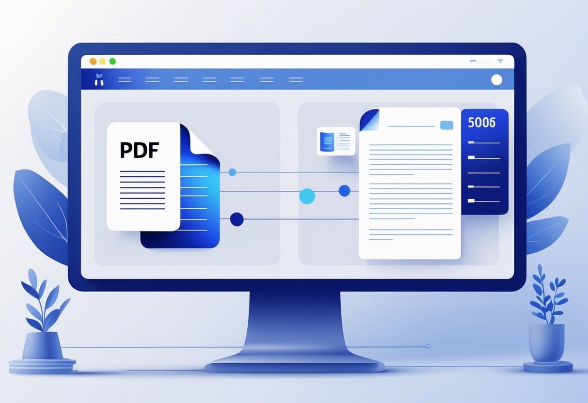 A computer screen showing a PDF icon next to an open word processor window with editable text.