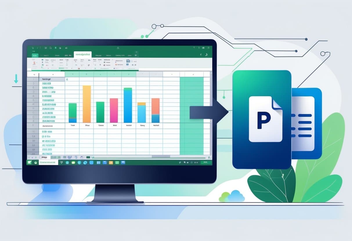A computer screen showing an Excel spreadsheet with an arrow pointing to a PDF file icon, representing file conversion.