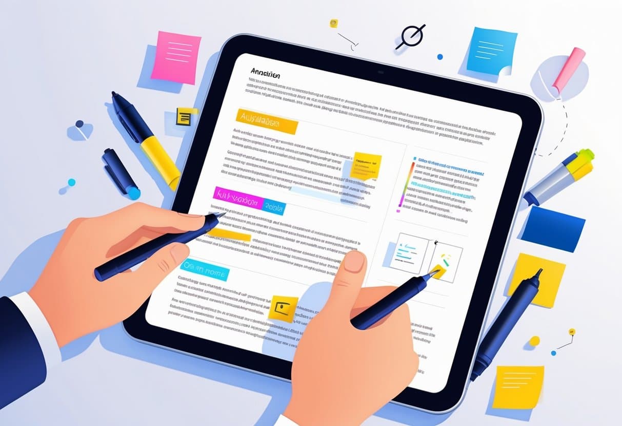 A digital device screen showing a PDF document being annotated with highlights, underlines, and margin notes, with a hand interacting using a stylus.