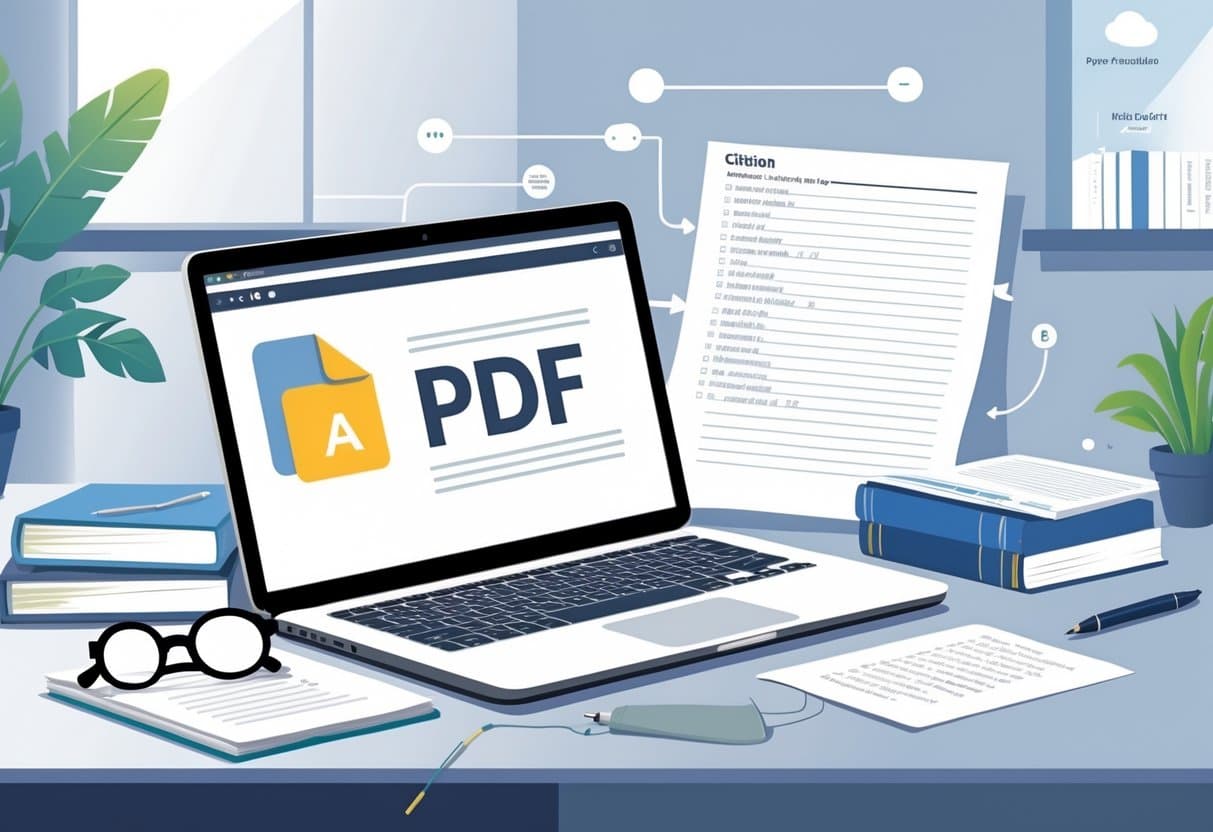 A desk with an open laptop displaying a PDF icon, surrounded by books, a notepad with notes, glasses, and a pen, representing the process of citing a PDF document.