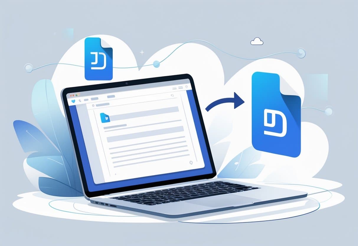 A laptop displaying a blank Google Docs document with a PDF icon and an arrow indicating the PDF is being imported into the document.