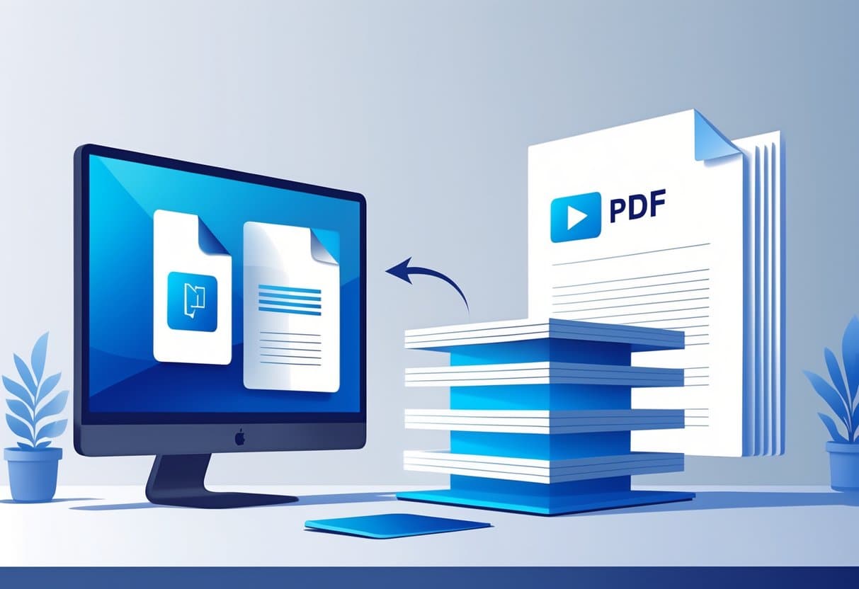 A computer screen showing a PDF file and several transparent layers merging into a single solid sheet, illustrating the process of flattening a PDF.