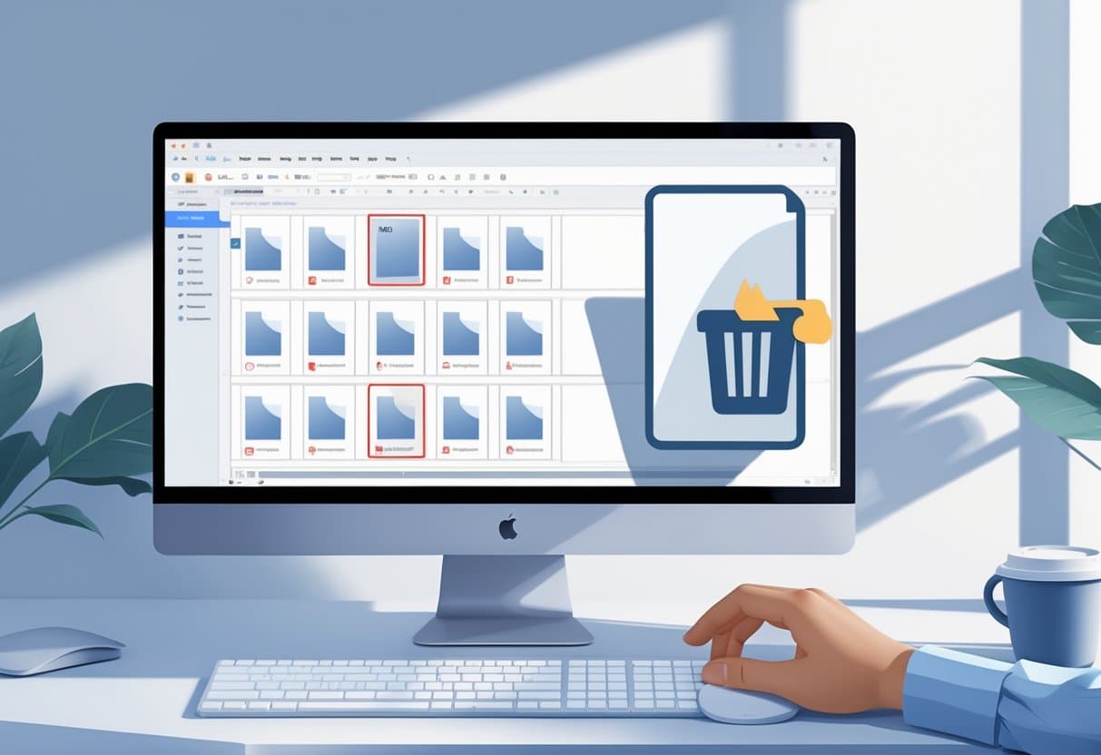A computer screen showing a PDF viewer with page thumbnails, one page highlighted and a trash bin icon indicating deletion, on a clean desk with a keyboard, mouse, and coffee cup.