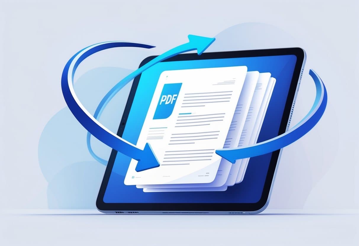 A digital tablet showing a PDF document icon with circular arrows around it indicating rotation.