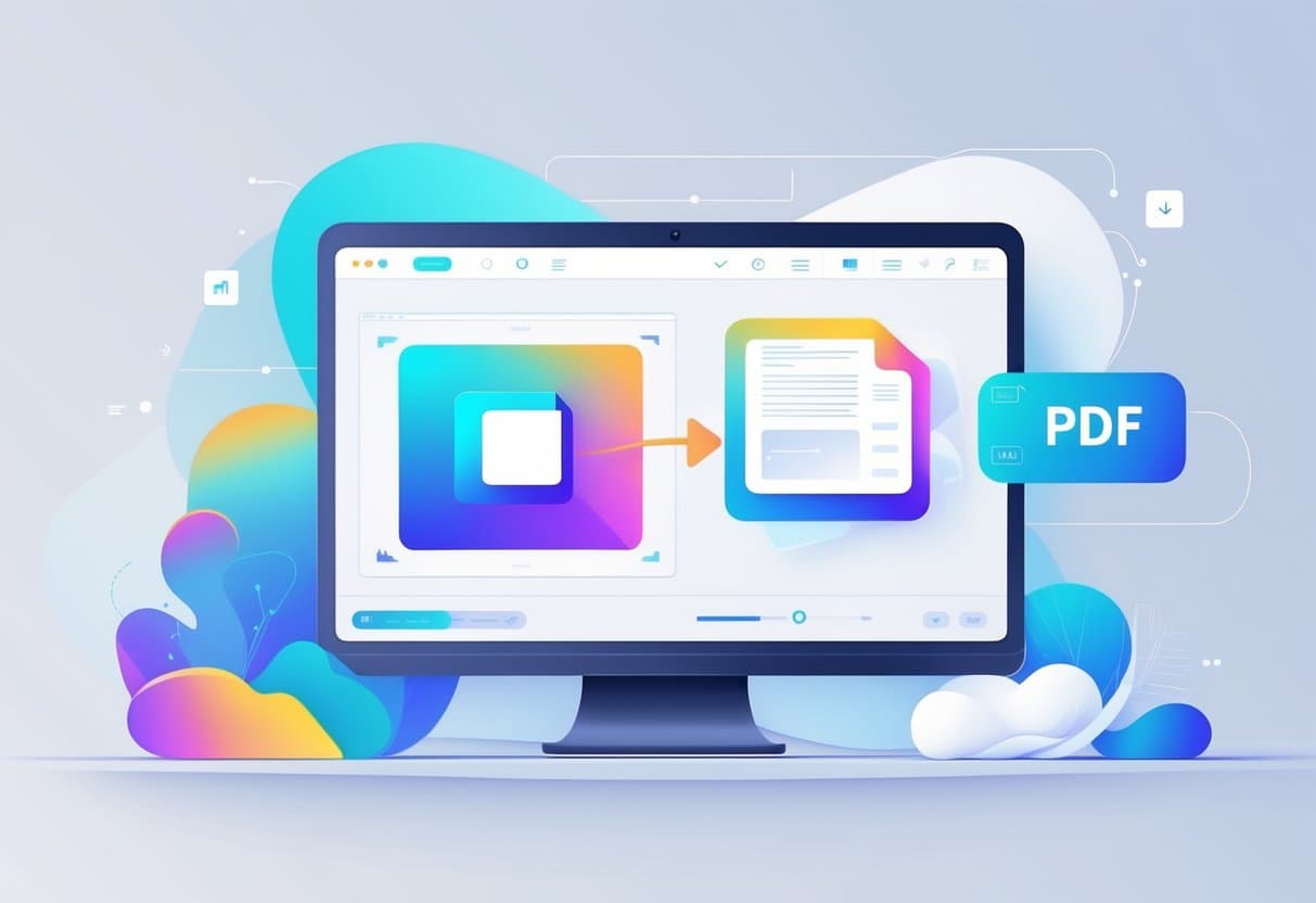 A computer screen showing a PNG image being converted into a PDF document with an arrow indicating the transformation.