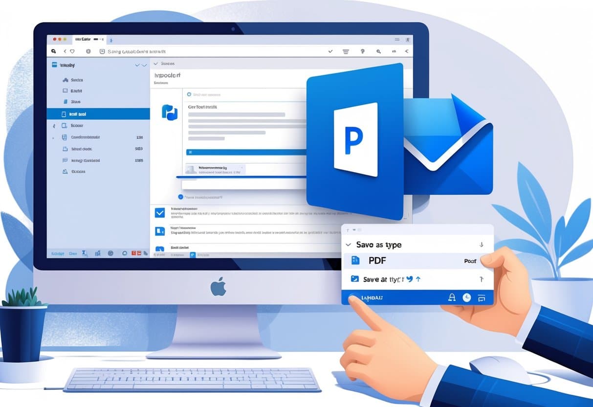 A computer screen showing an Outlook email open with a hand selecting the option to save the email as a PDF file.