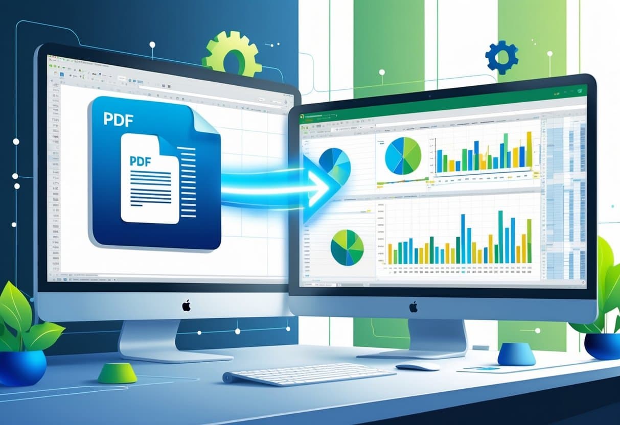 A computer screen showing a PDF document icon transforming into an Excel spreadsheet with rows and columns of data, surrounded by digital symbols representing data conversion.