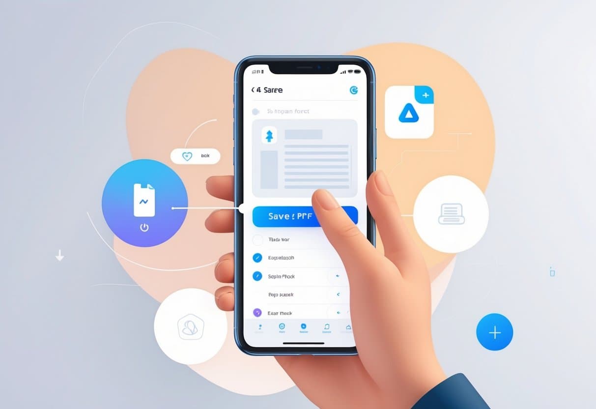 A hand holding an iPhone showing the process of saving a document as a PDF on the screen.