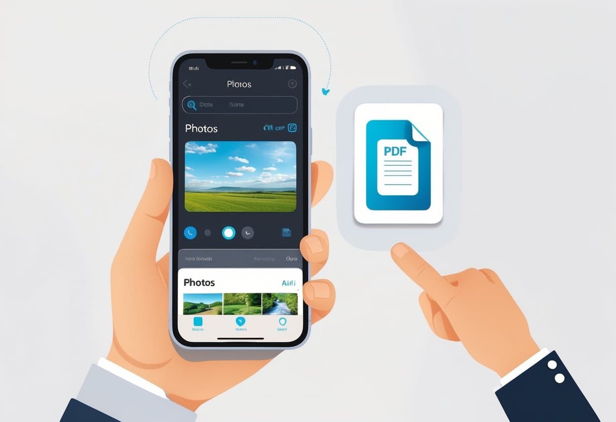 Hand holding an iPhone showing a photo being converted into a PDF document icon.