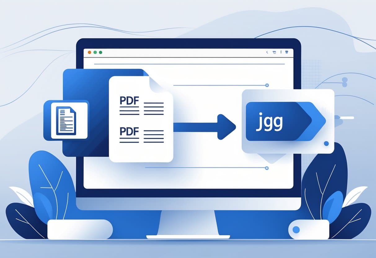 A digital workspace showing a PDF document icon transforming into a JPG image icon with an arrow indicating conversion.
