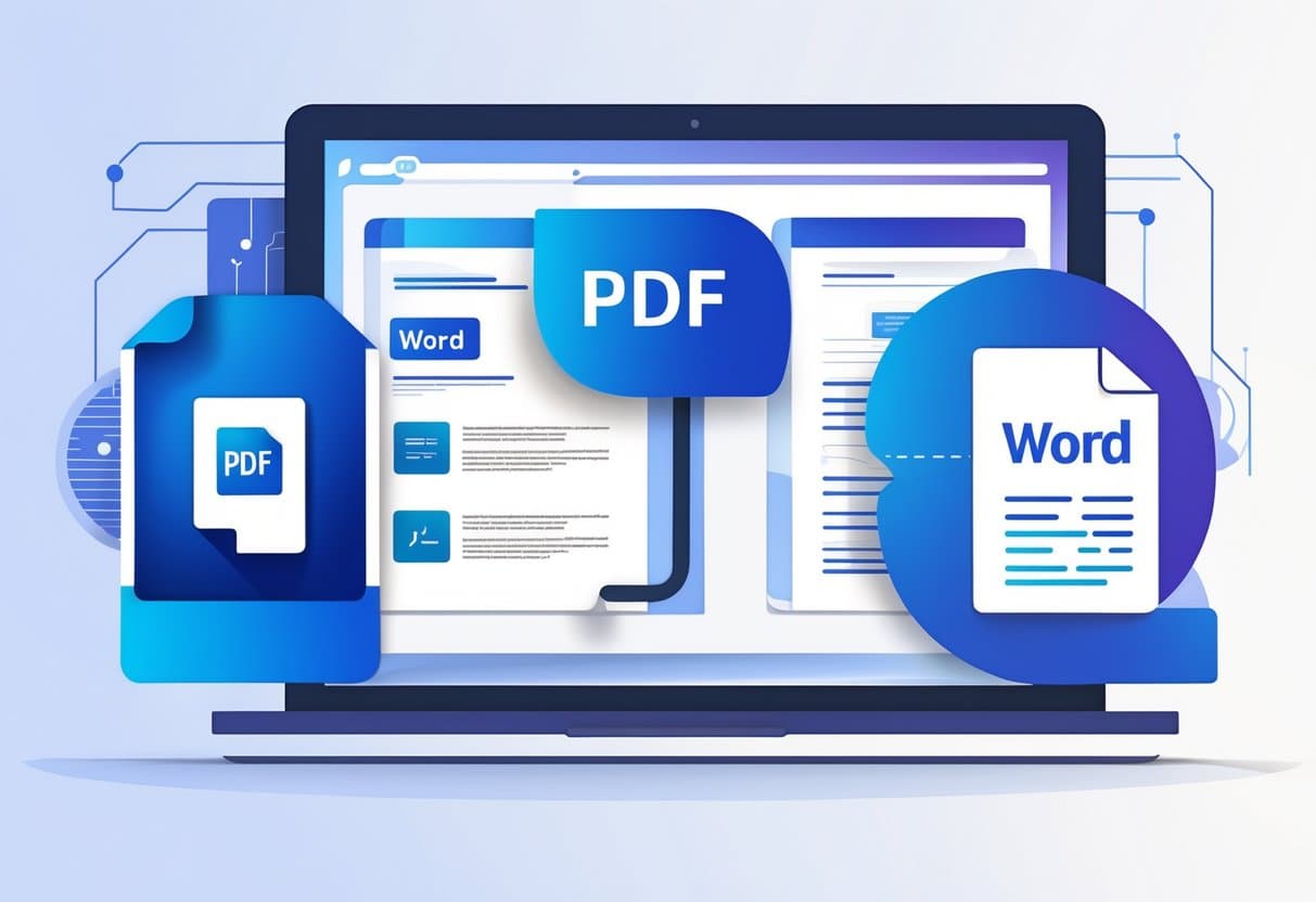 Two digital screens showing a PDF file icon on the left and a Word document icon on the right with an arrow pointing from the PDF to the Word document, representing file conversion.
