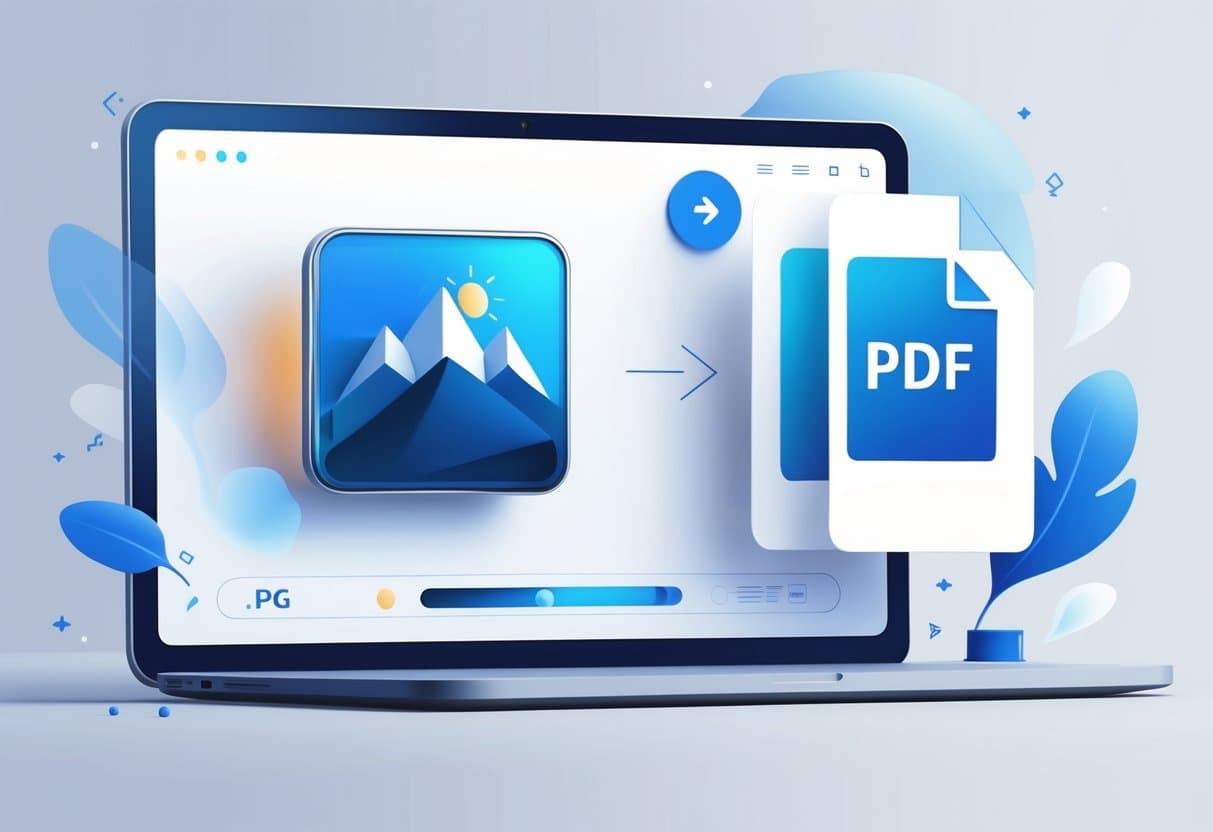 A computer screen showing an image file icon transforming into a document file icon with an arrow between them, representing file conversion.