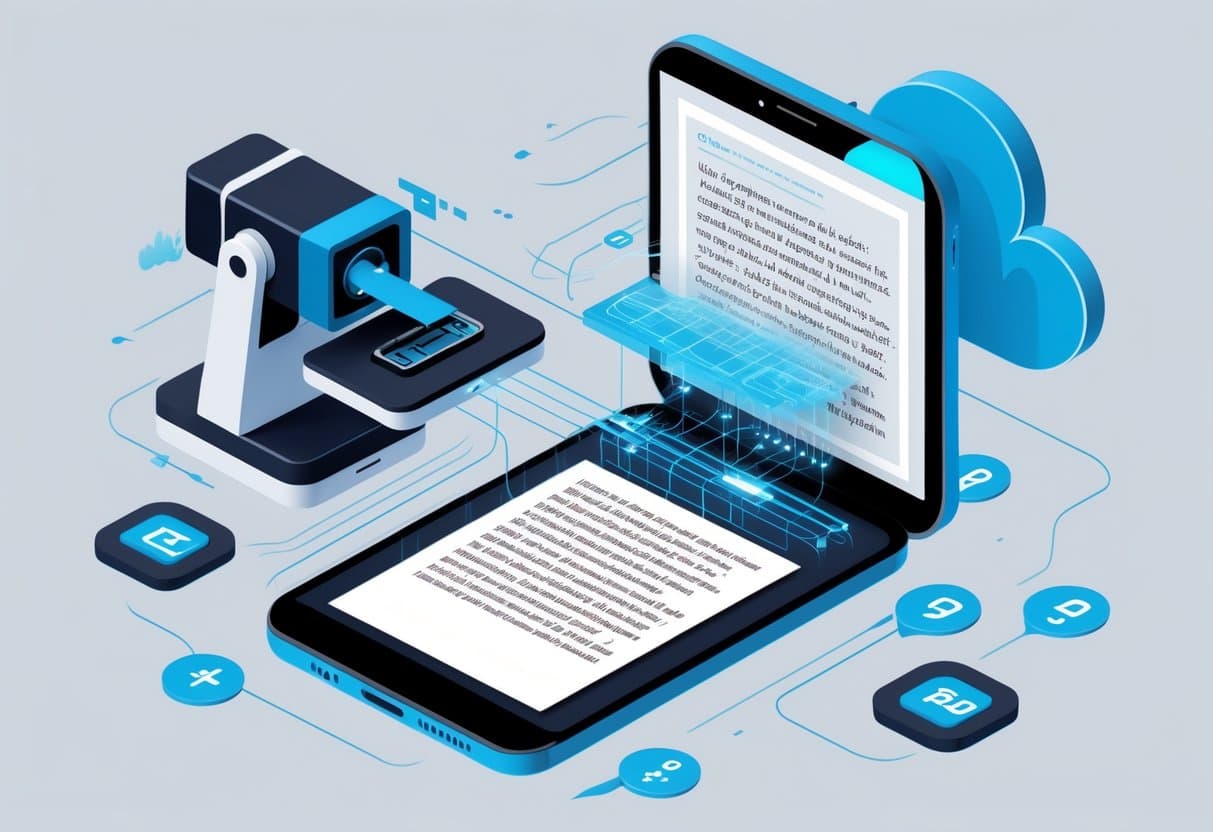 A scanner capturing a document with text, with digital data flowing into a computer, representing text being converted into digital form.