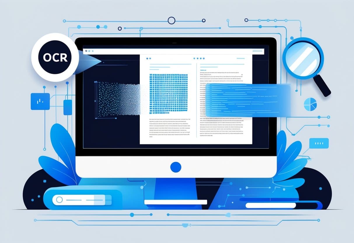 A computer screen showing a scanned document being converted into digital text with graphical elements representing text recognition technology.