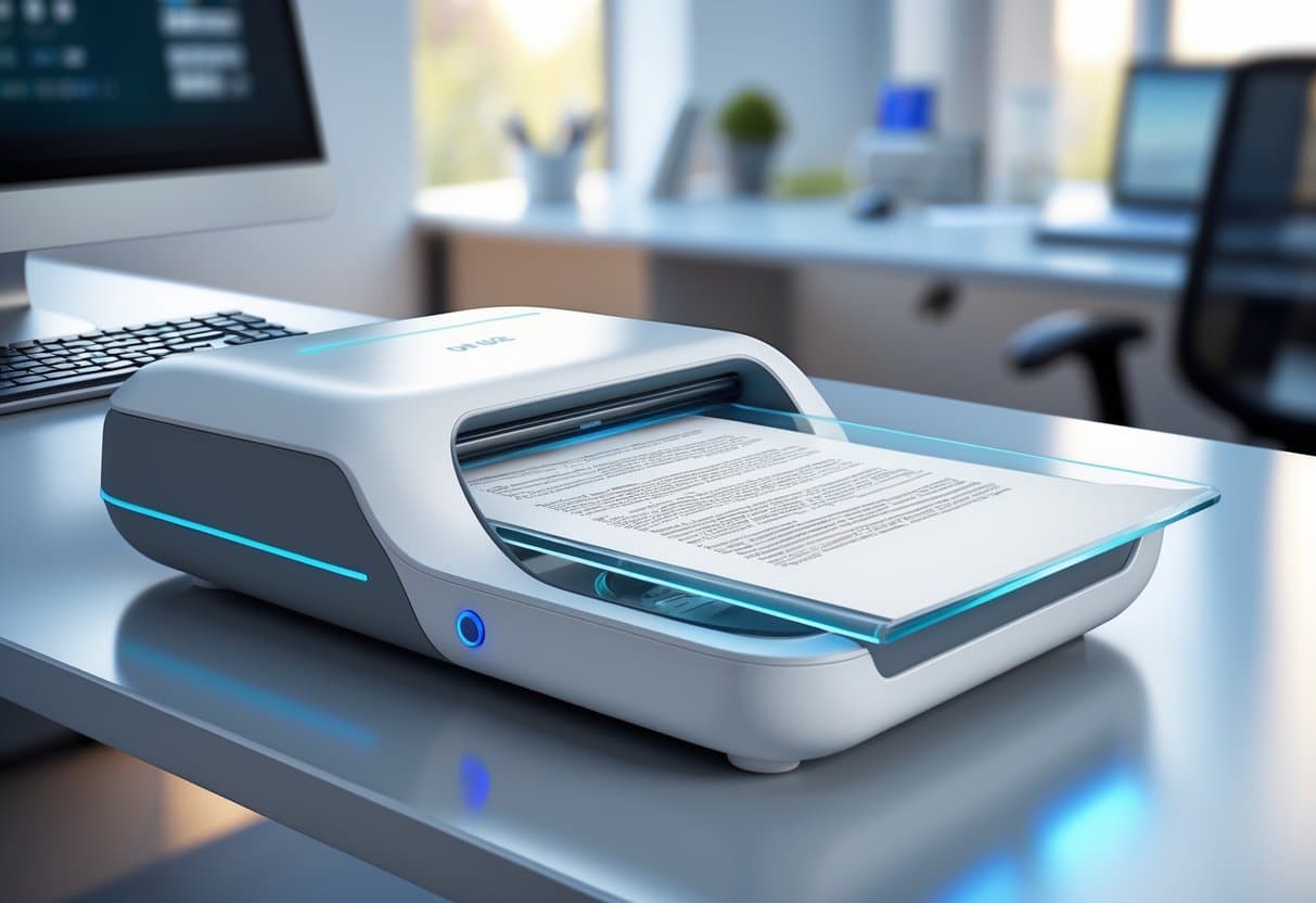 A modern OCR scanner on a desk with a document on its glass surface in an office setting.