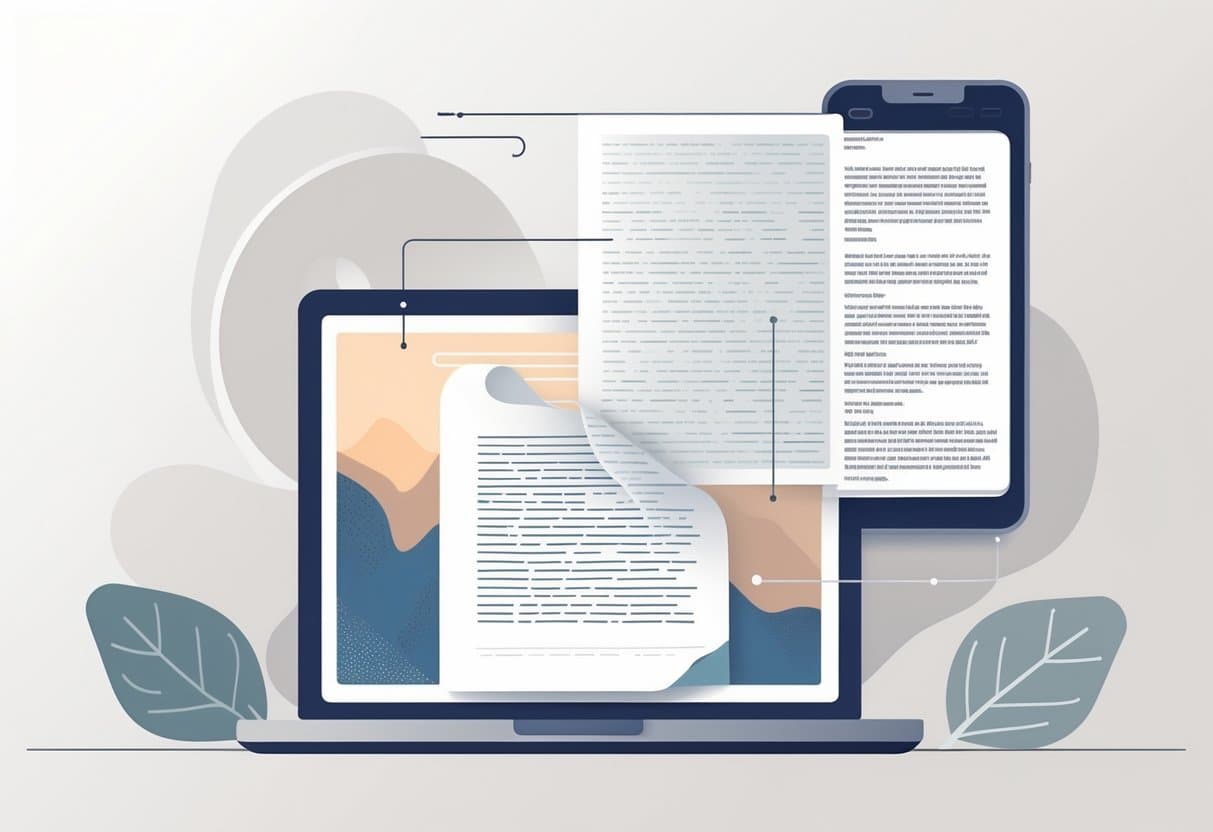 Illustration showing the transformation of a document image into editable digital text on a screen.