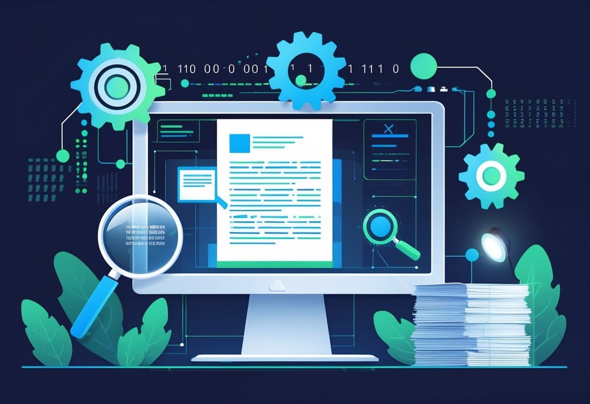A workspace showing a computer analyzing a digital document with icons representing magnifying glass, gears, well-scanned papers, lighting, and a checklist around it.