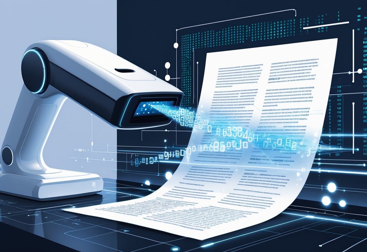 A modern scanner capturing a document with digital data streams flowing into a futuristic computer interface, symbolizing advanced text recognition technology.
