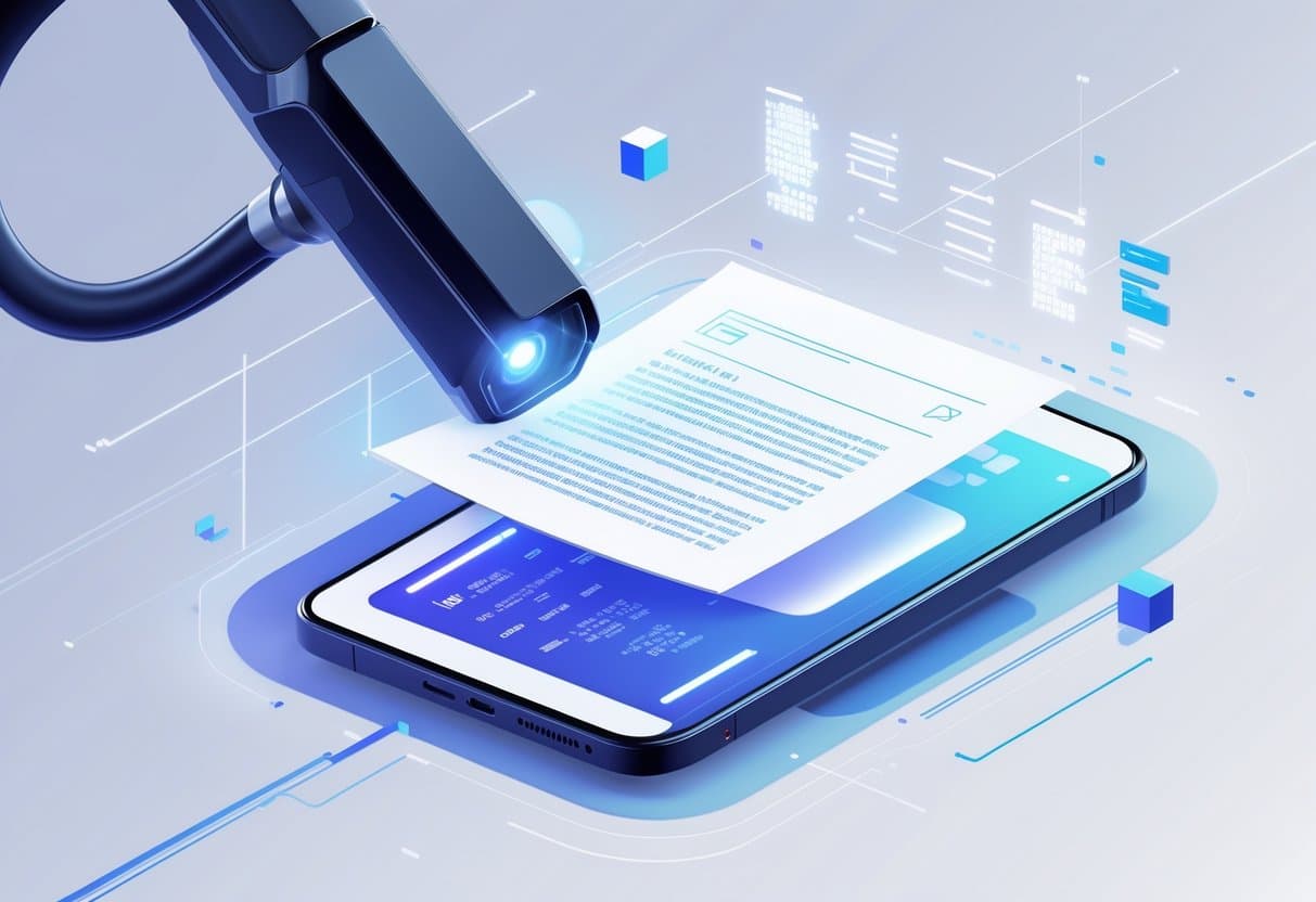 A digital device scanning a physical document with glowing lines and data streams representing text being converted into digital information.