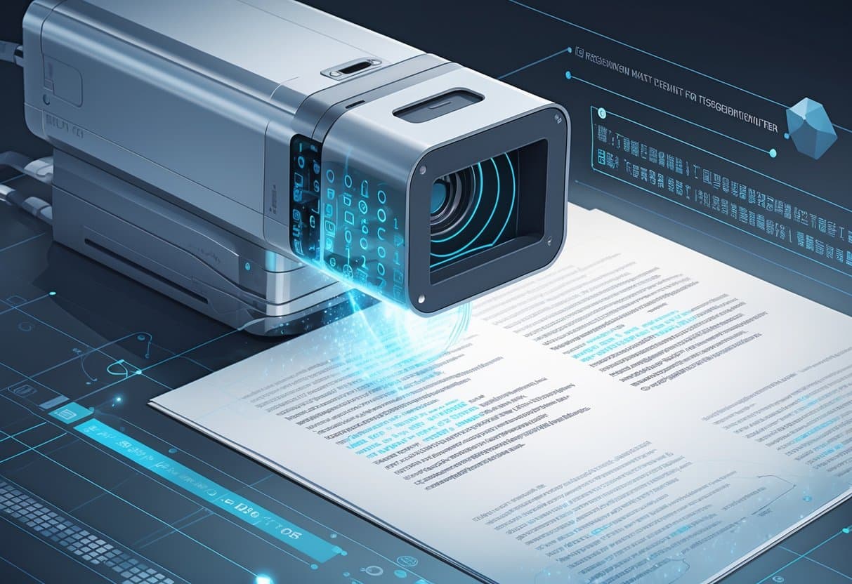 A high-tech scanner capturing a document with glowing digital code emerging, symbolizing text recognition technology.