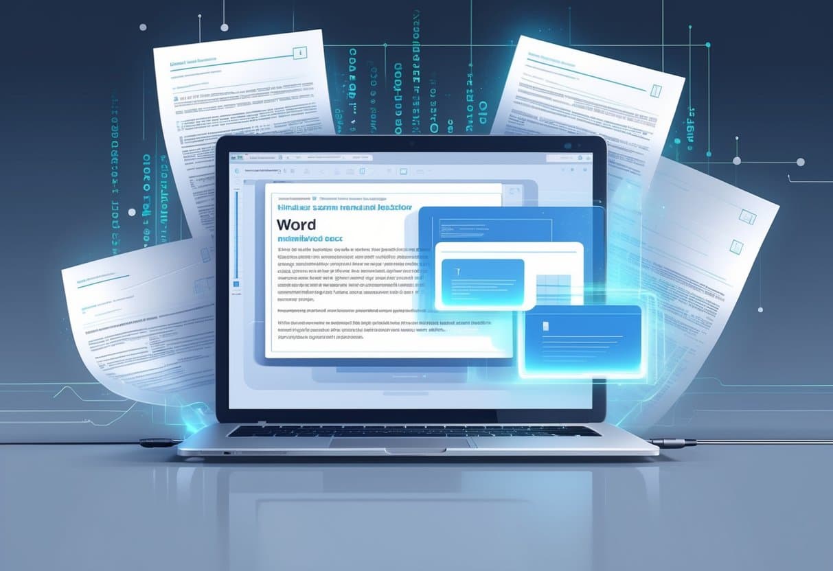 An open laptop with floating scanned documents around it, illustrating the process of converting printed text into digital form using technology.