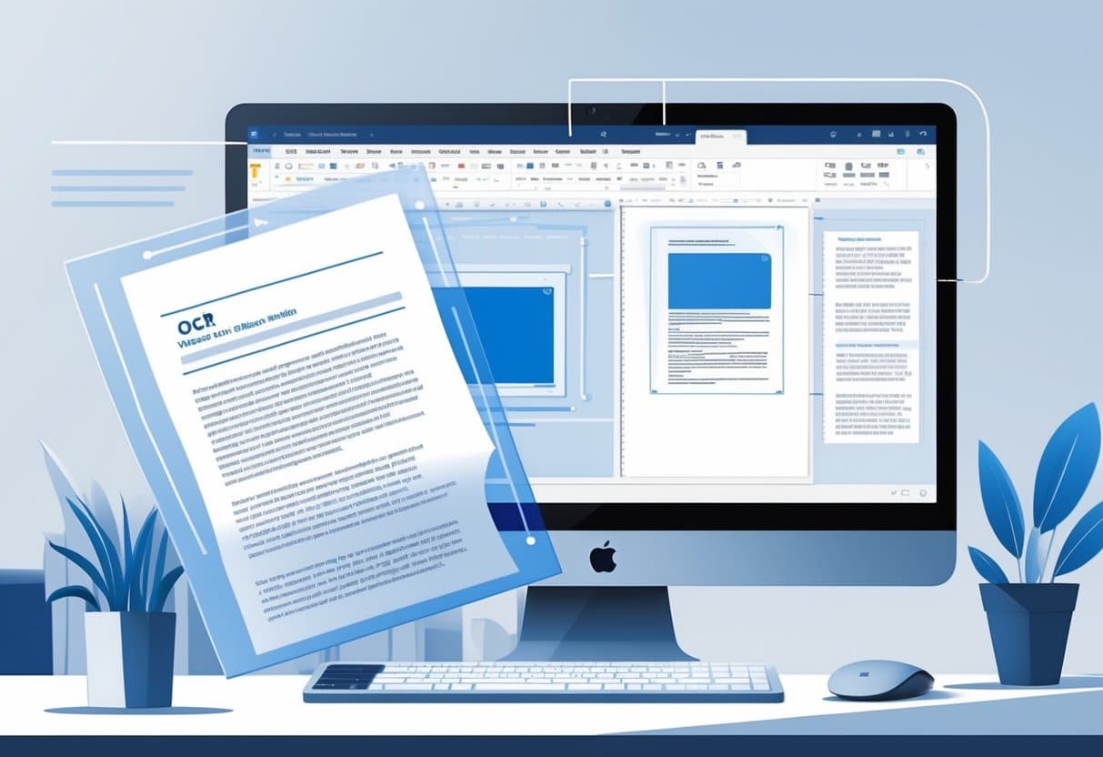 A computer screen showing a scanned paper document being converted into editable text within a digital document editor.