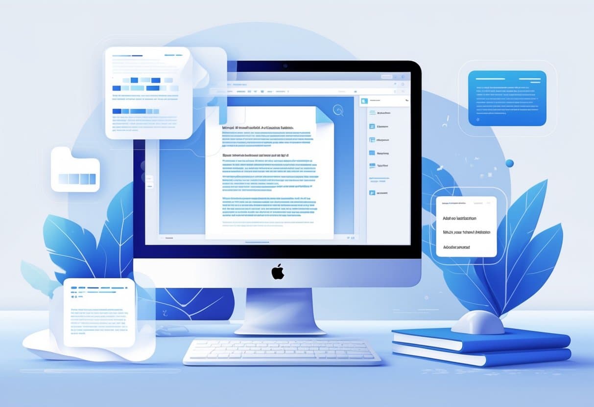 A digital workspace showing a computer screen with a scanned document being processed and text being recognized, surrounded by floating icons representing data extraction.
