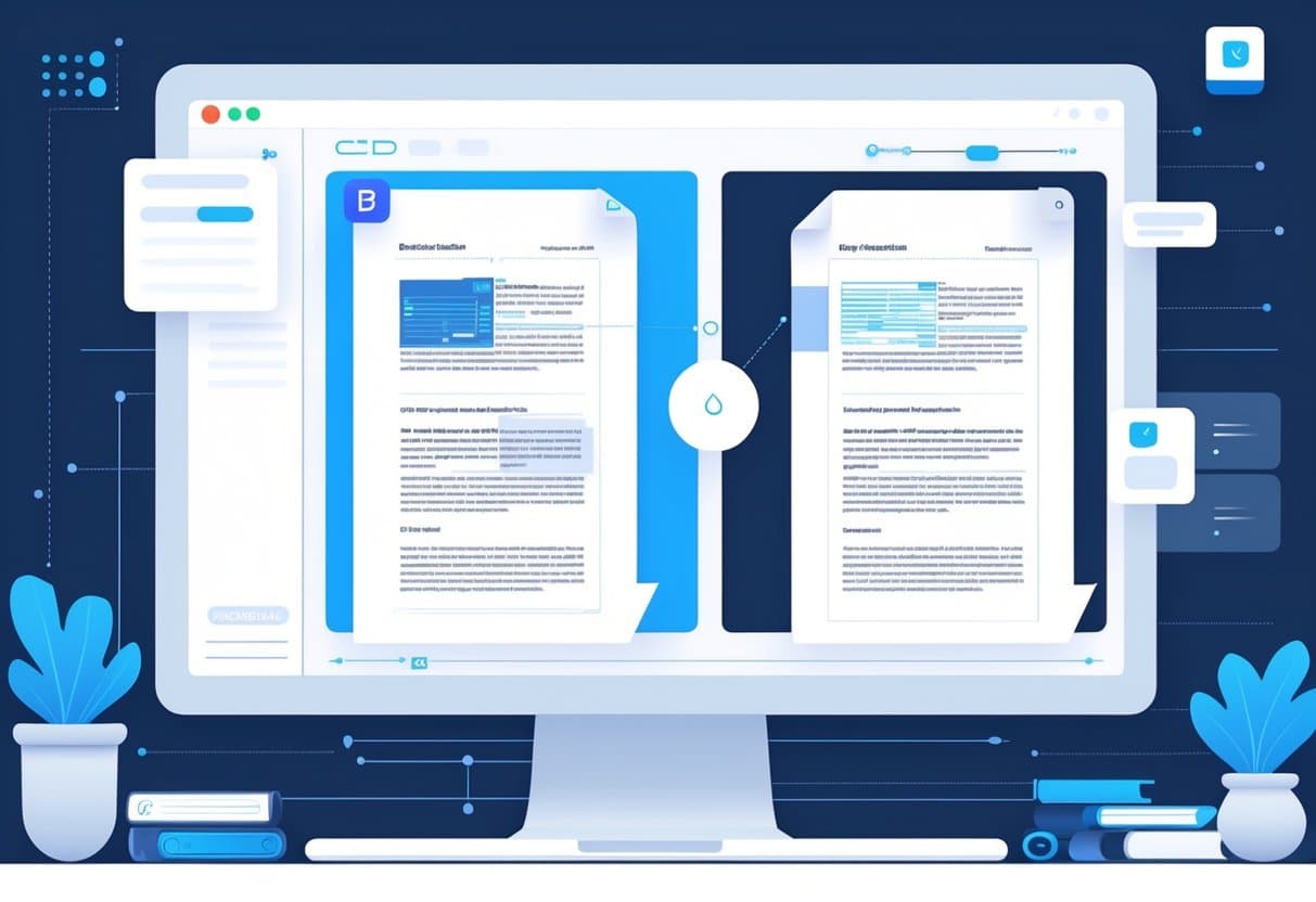 A computer screen showing a PDF document being cleaned from OCR errors, with a clear before and after comparison of scanned text and corrected text.