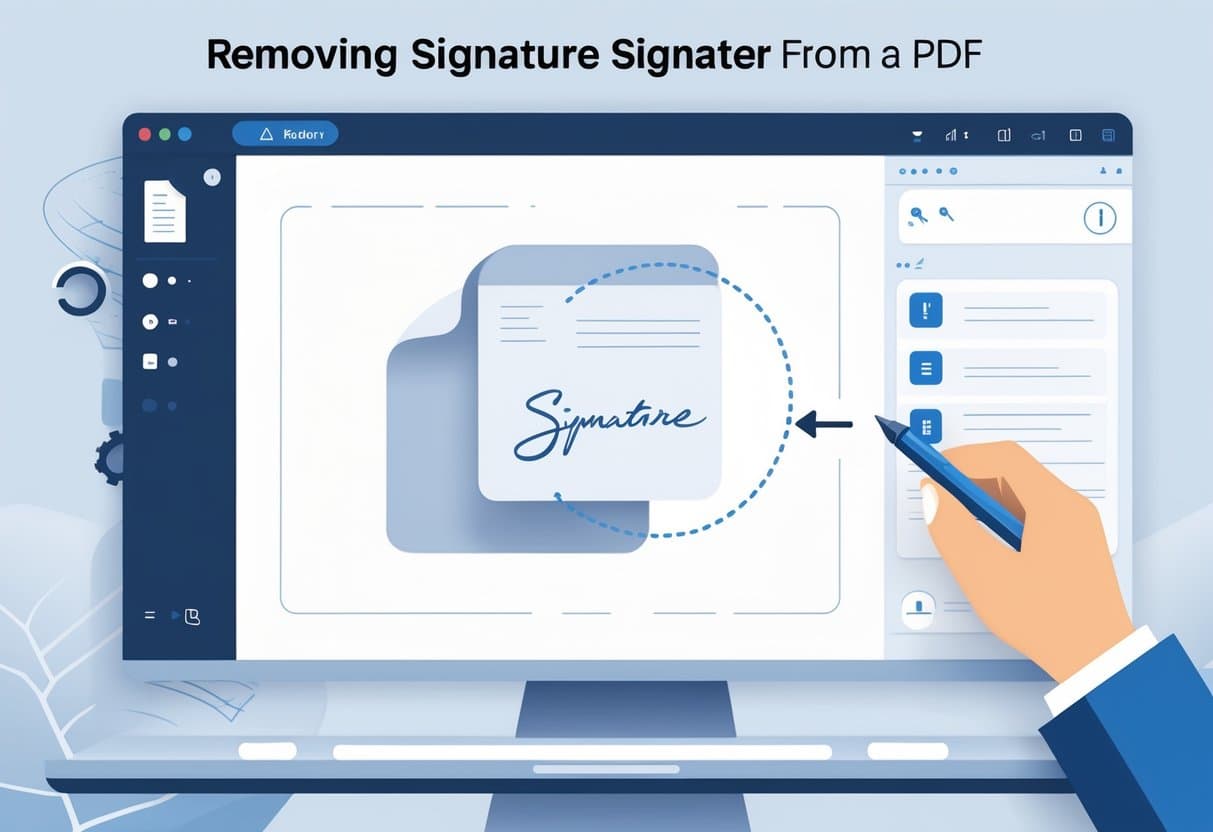 A computer screen showing a PDF document with a highlighted signature being selected for removal using editing tools.