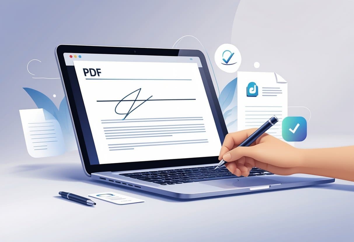 A laptop displaying a PDF document being signed digitally with a stylus or cursor on the signature line.