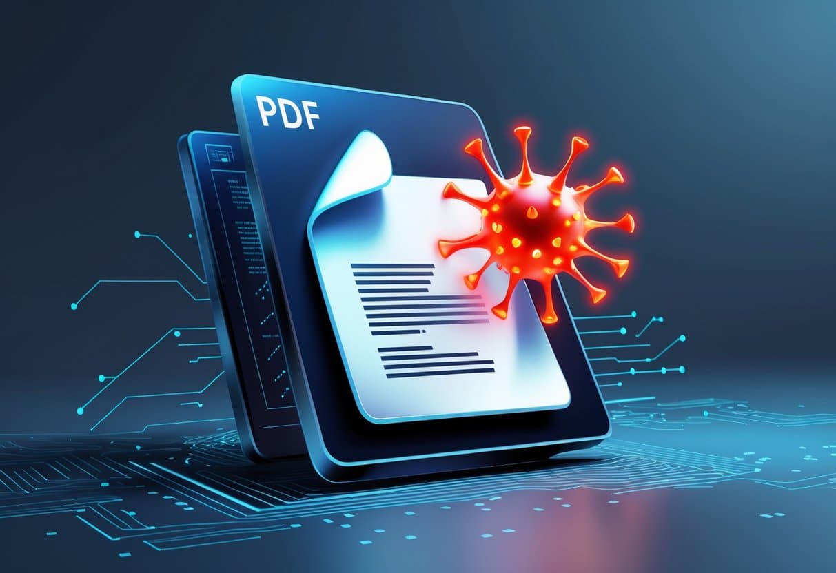 A digital illustration showing a PDF file icon with a glowing red virus symbol inside it, surrounded by circuit patterns on a dark background.