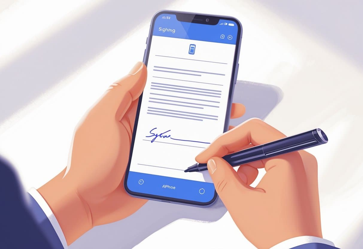 Hands holding an iPhone and signing a digital document on the screen.