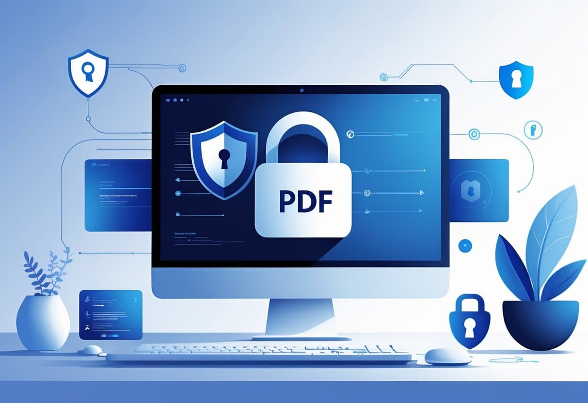 A computer screen showing a PDF icon with a large padlock symbol overlay, surrounded by security-related icons like shields and keys, representing password protection for a PDF.